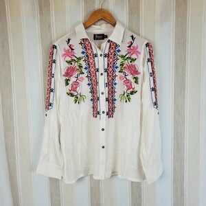 NEW Avani Del Amour Embroidered‎ Blouse Shirt White Size Small